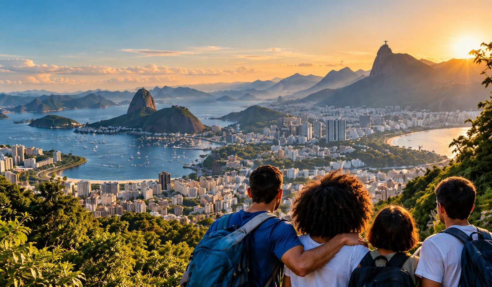 Pessoas abraçadas, vistas de costas, observando a paisagem do Rio de Janeiro com o Corcovado ao fundo